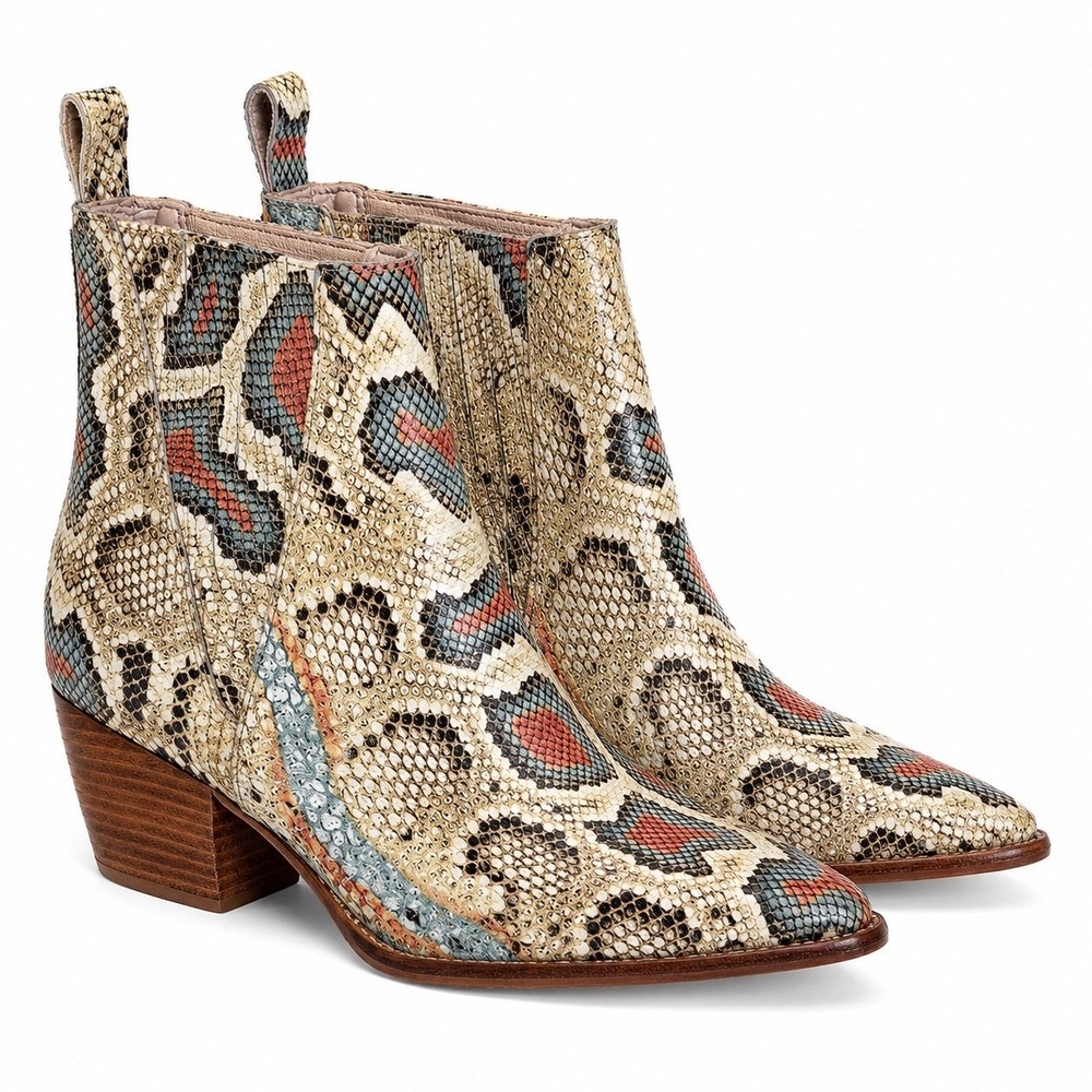 Snakeskin Print Western Leather Ankle Boots Block Heel Pointed Toe Boho SZ 6M